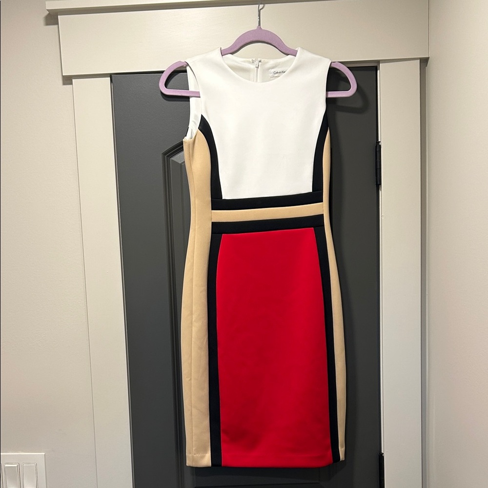 Calvin Klein Red and White Colorblock Midi Dress
